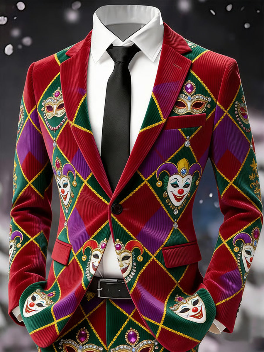 Men's Retro Mardi Gras Art Print Casual Corduroy Pocket Blazers